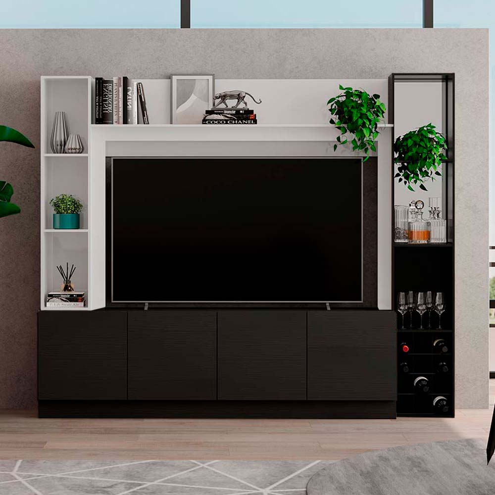 COMBO Mueble Sala Modular Orange: Mesa de TV 4 Puertas Negro + Estante Bar Negro + Marco con Estante Blanco