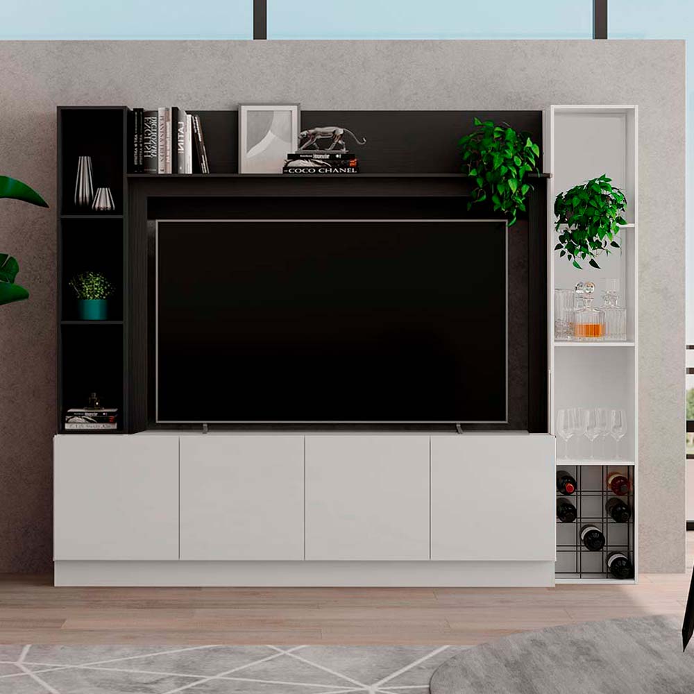 COMBO Mueble Sala Modular Orange: Mesa de TV 4 Puertas Blanco + Estante Bar Blanco + Marco con Estante Negro
