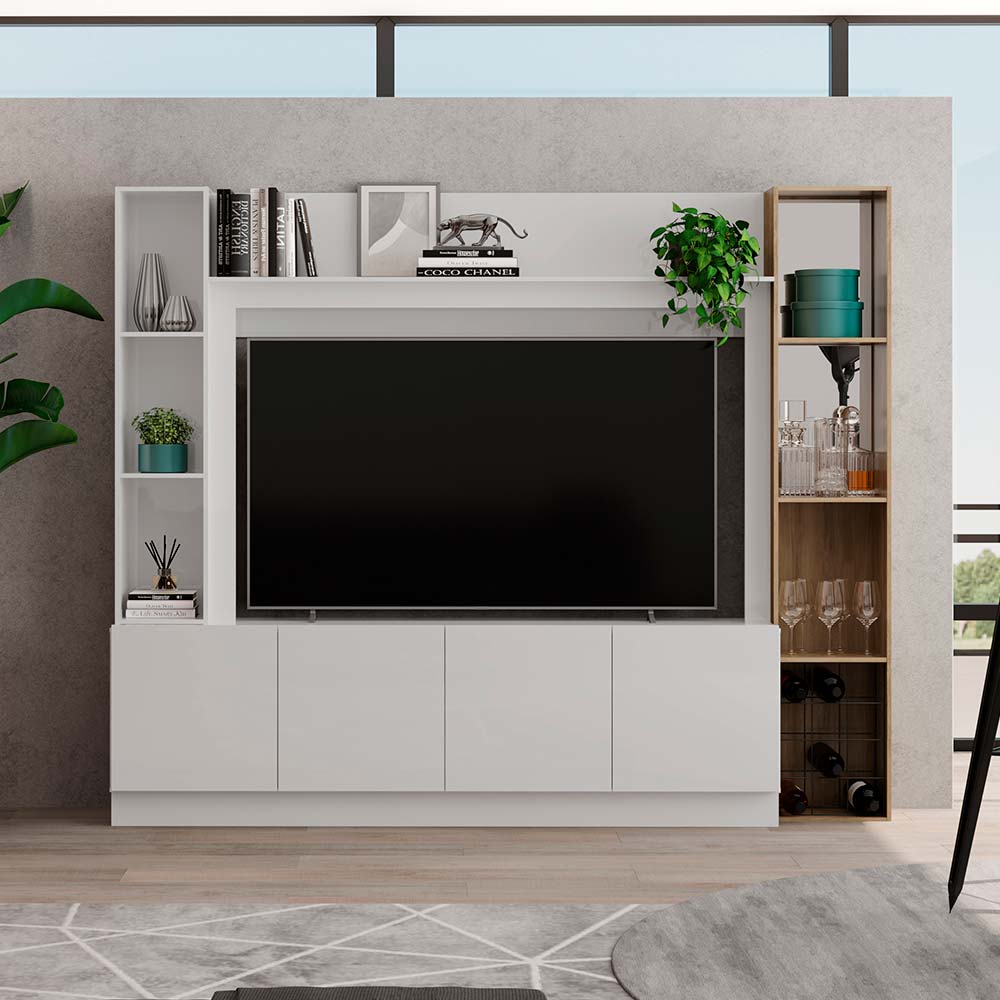 COMBO Mueble Sala Modular Orange: Mesa de TV 4 Puertas Blanco + Estante Bar Maple + Marco con Estante Blanco