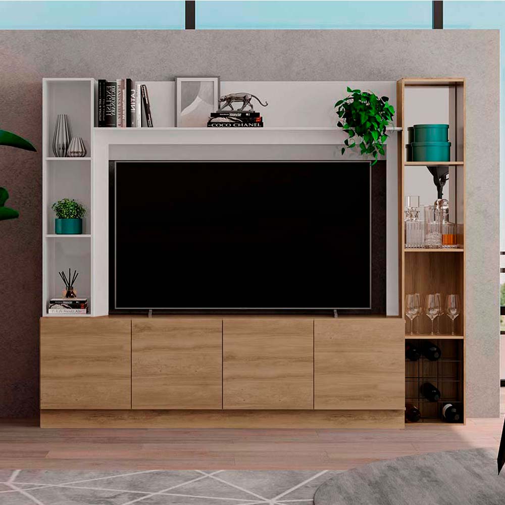 COMBO Mueble Sala Modular Orange: Mesa de TV 4 Puertas Maple + Estante Bar Maple + Marco con Estante Blanco