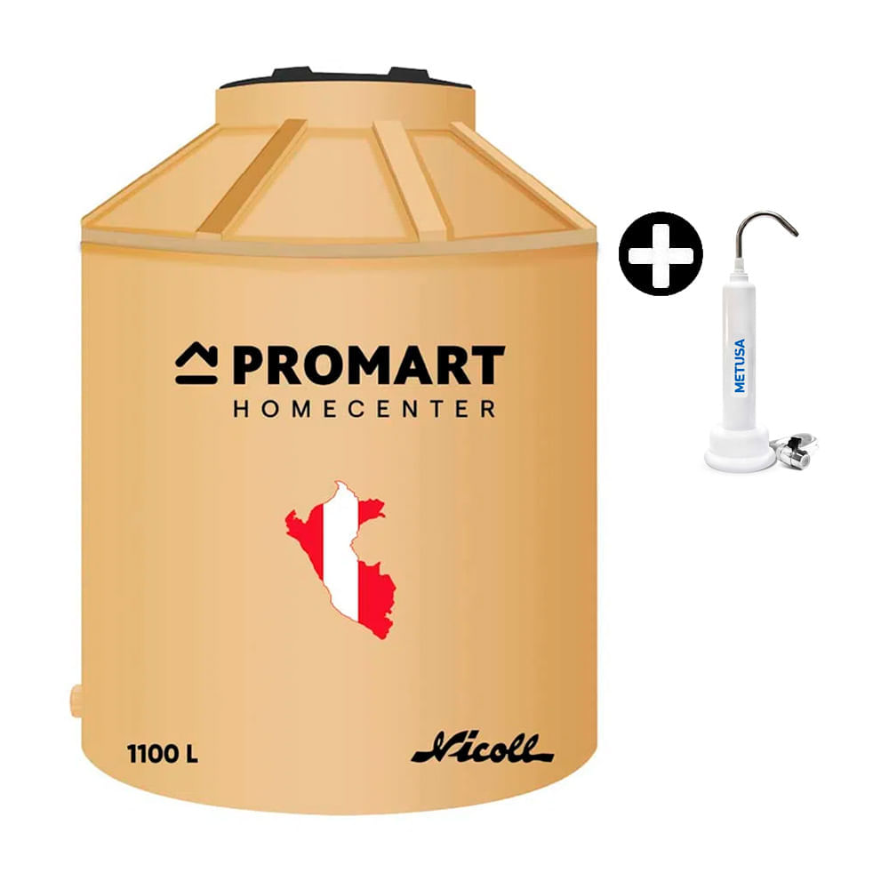 COMBO Tanque de agua Arena Promart 1100 litros + Kit de Accesorios + Purificador Metusa Ecovida sobre lavadero