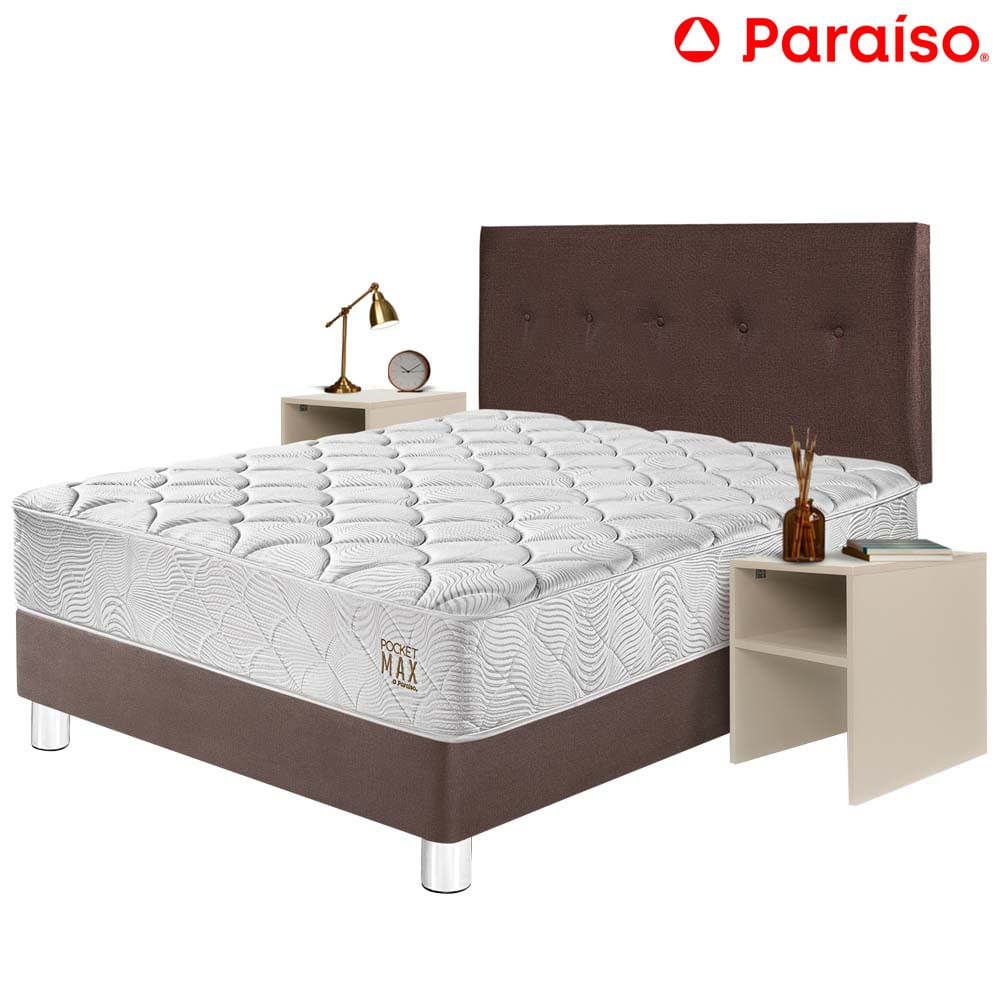 Dormitorio PARAISO Pocket Max 2 Plaza Chocolate + 2 Velador Repisa