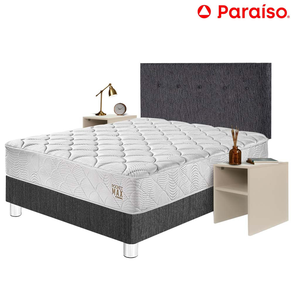 Dormitorio PARAISO Pocket Max 2 Plaza Charcoal + 2 Velador Repisa