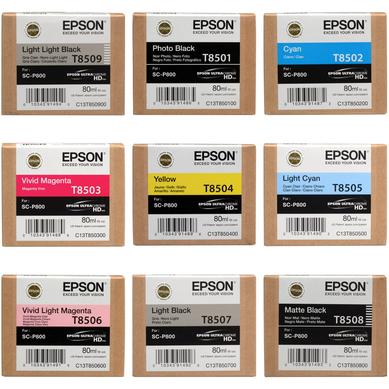 Set de Cartuchos de Tinta Epson T850 Ultrachrome Hd de 9 Colores