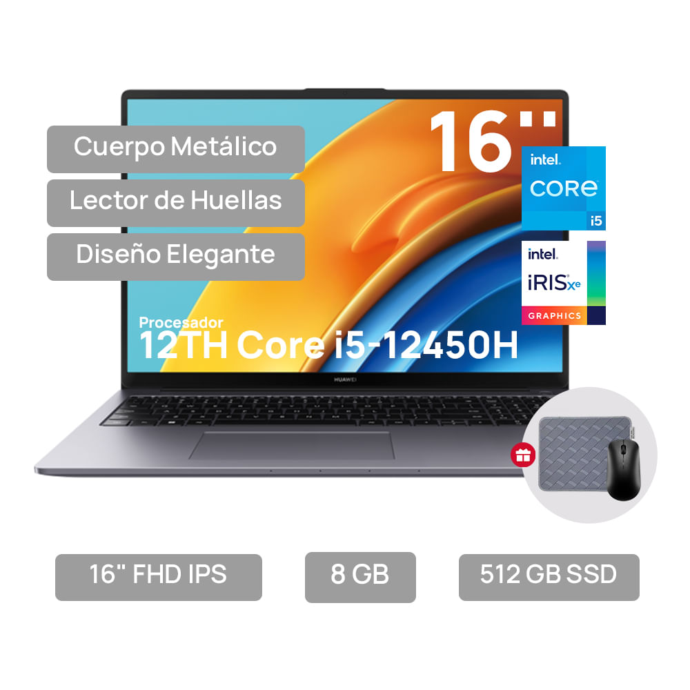 Laptop Huawei MateBook D16 16" FHD IPS i5-12450H 8GB RAM 512GB SSD Windows 11 Home Space Gray