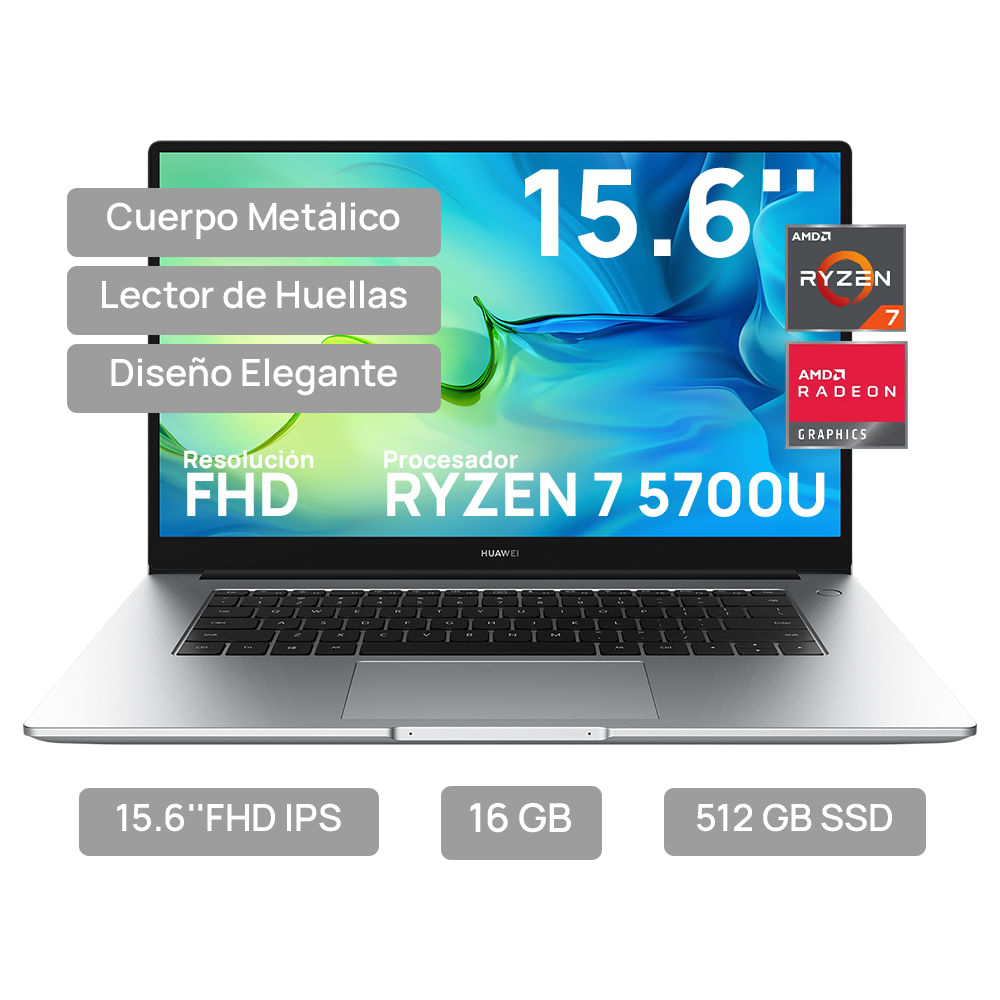 Laptop Huawei MateBook D15 15.6" FHD Ryzen 7 16GB RAM 512GB SSD Windows 11 Home Mystic Silver