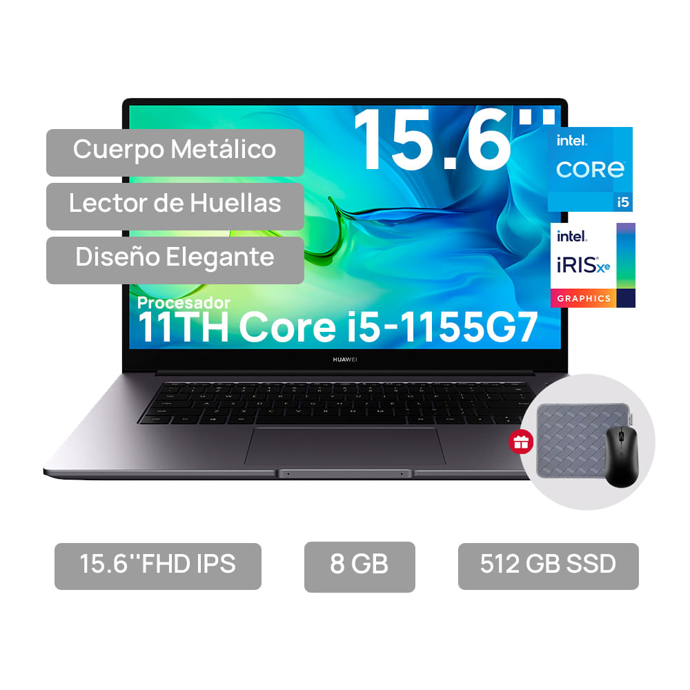 Laptop Huawei MateBook D15 15.6" FHD IPS i5-1155G7 8GB 512GB SSD RAM Windows 11 Home Space Gray