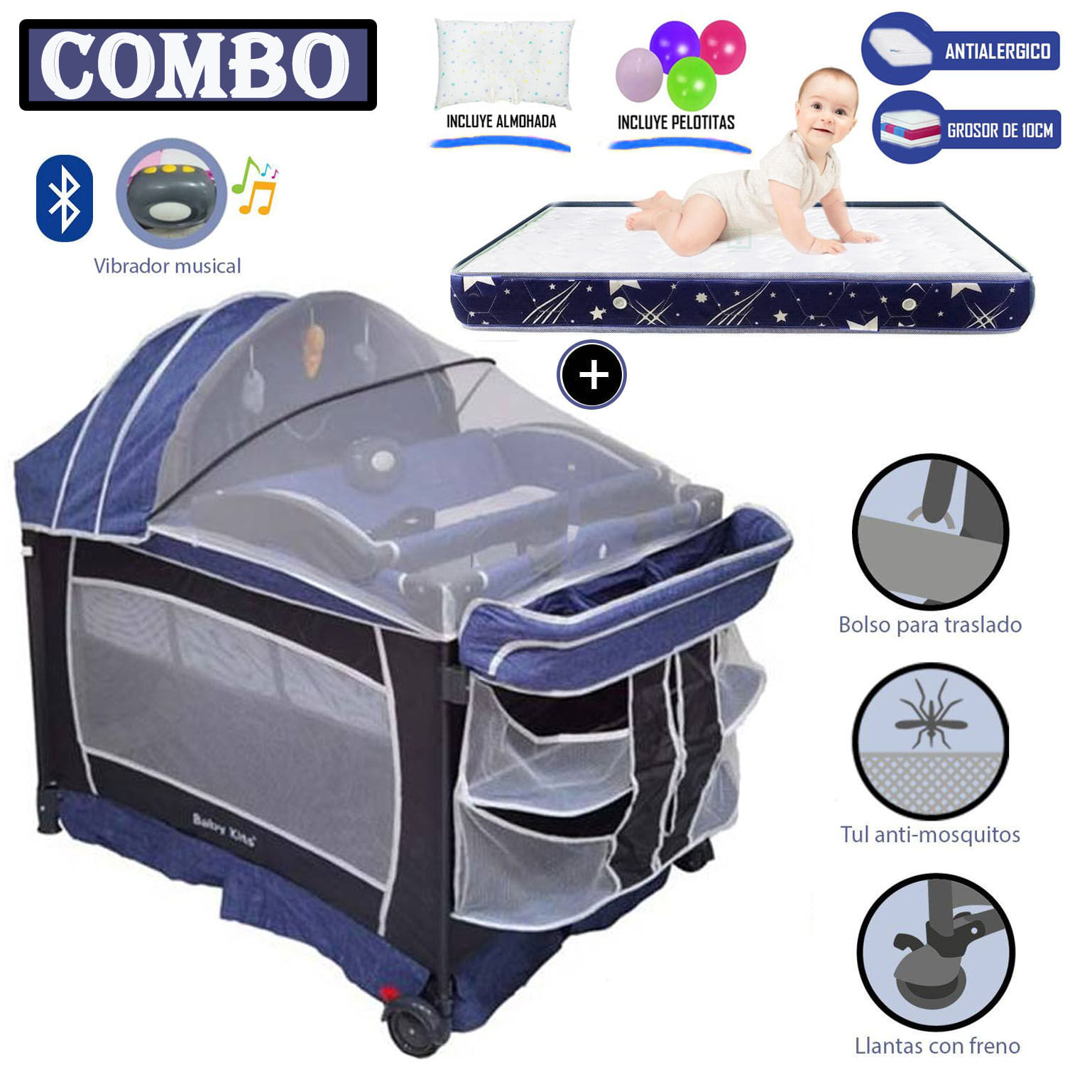 Cuna Corral Baby Kits Verona Azul + Colchón 4" Azul