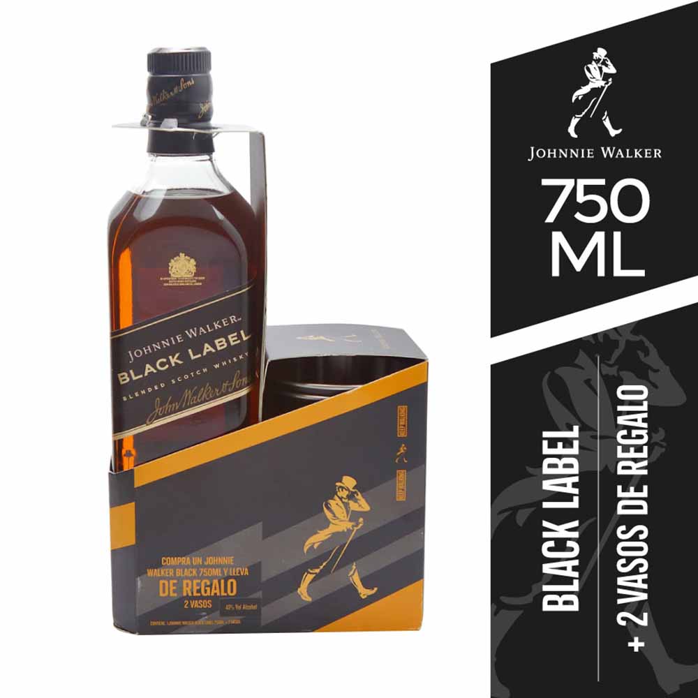 Pack Whisky JOHNNIE WALKER Black Label Botella 750ml + 2 Vasos