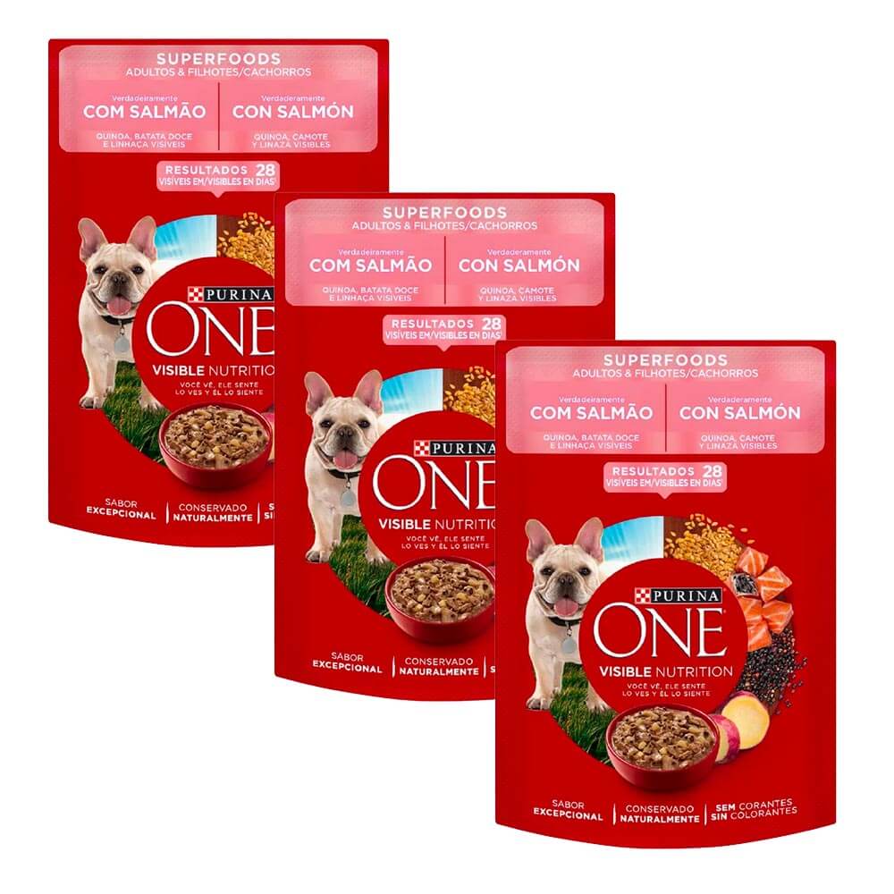 Pack Comida para Gatos PURINA ONE Superfoods Adultos y cachorros con Salmón x 3un