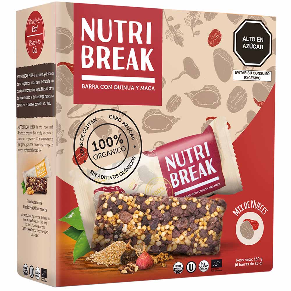 Cereal NUTRI BREAK Orgánico Nueces Barra 25g Caja 6un