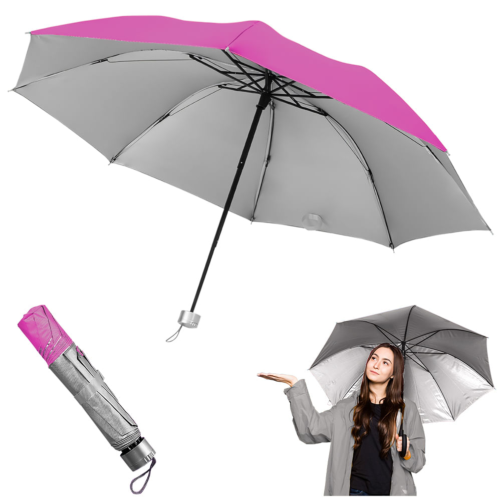 Paraguas Plegable Sombrilla de Mano para Sol Lluvia K02 Fucsia