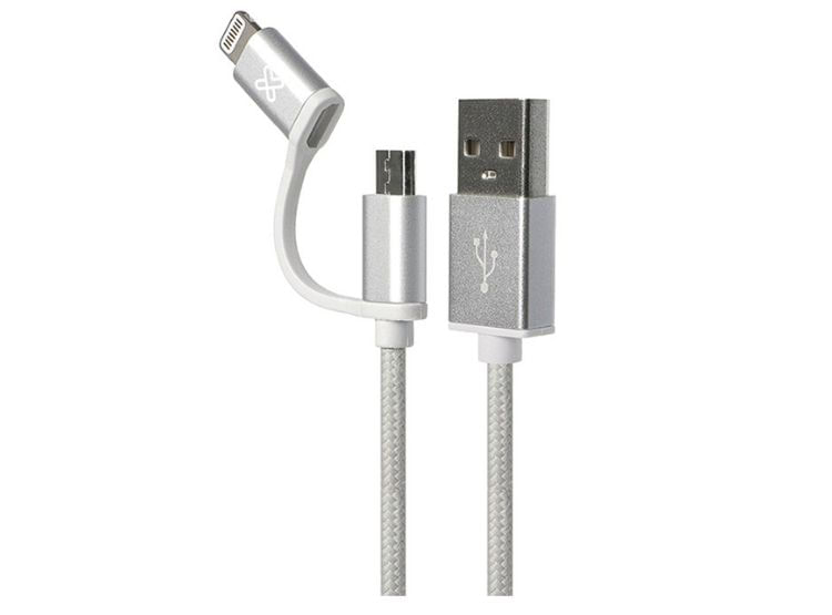 Cable Kx 2 In 1 - Apple Lightning & Microusb To Usb-A. 2.4a. Braided Mfi Certified Silver/White