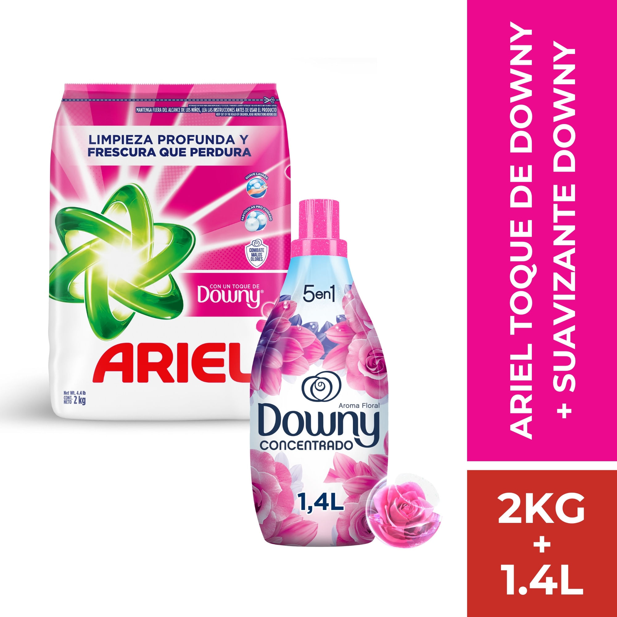 Pack Detergente Ariel con Toque de Downy 2 kg + Suavizante Downy Floral 1.4 L