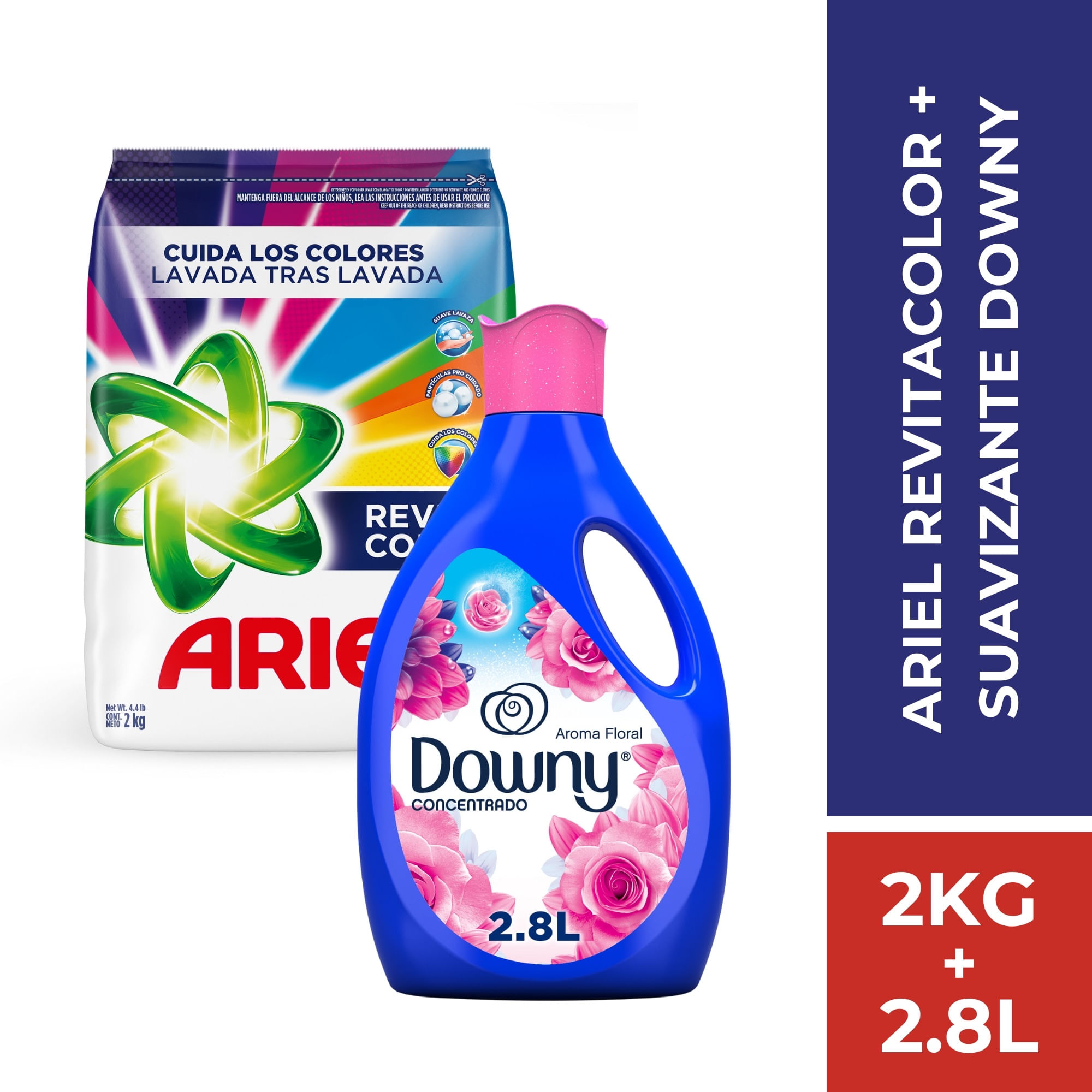 Pack Detergente Ariel Revitacolor 2 kg + Suavizante Downy Floral 2.8 L