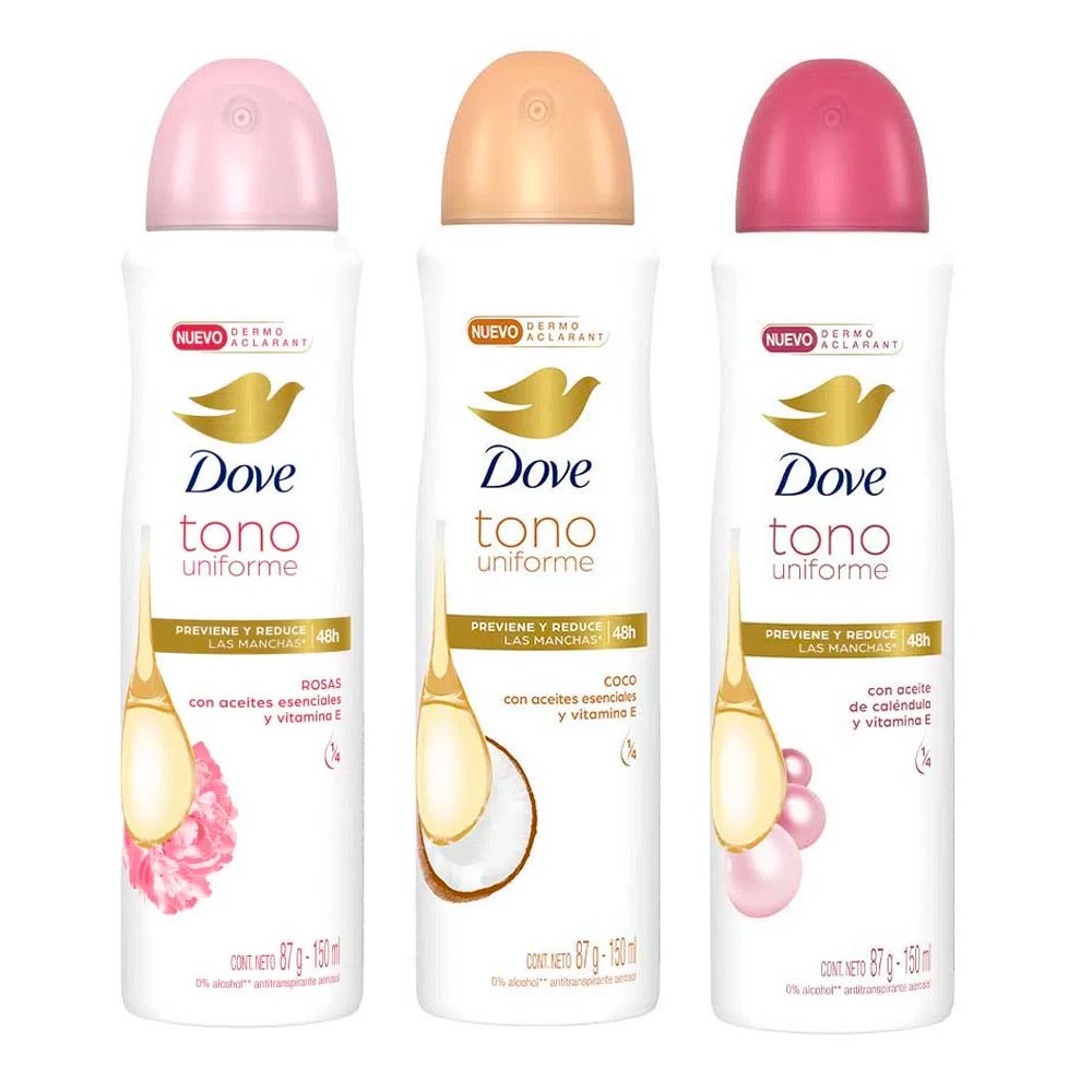 Pack DOVE Desodorante Mujer Skin Calming 150ml + Desodorante Mujer Clear Tone 150ml + Desodorante Mujer Dermoclarant 150ml
