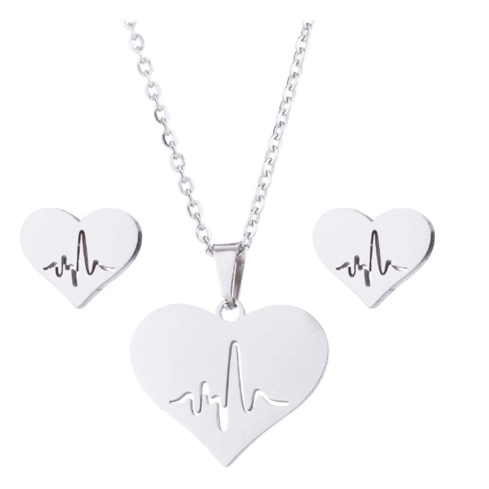 Set Collar y Aretes Corazón Electrocardiograma Medicina Plateado