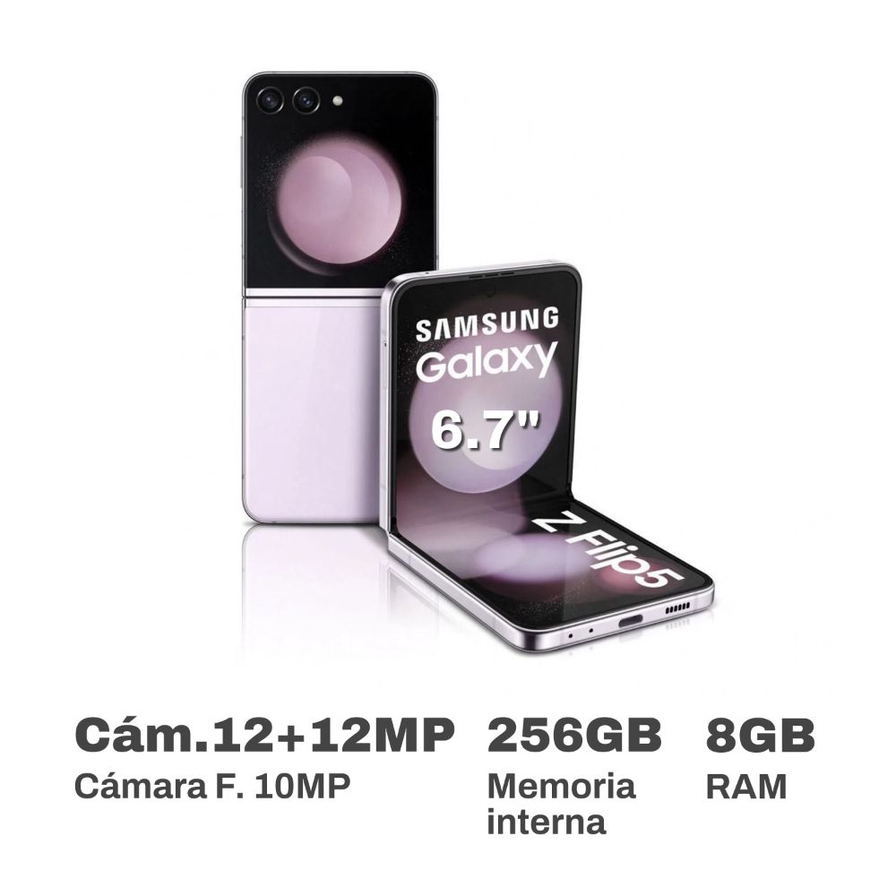 Celular Samsung Galaxy Zflip5 6.7" 8GB 256GB Lavender + Smart UX Case + Travel Adapter 25W
