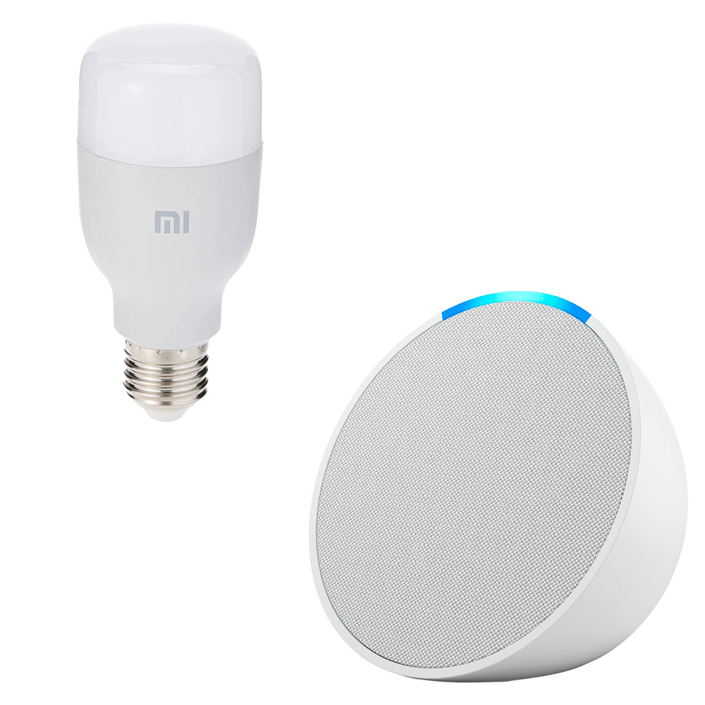 Parlante Inteligente Amazon Echo Pop Alexa Blanco + Foco Xiaomi Samart Bulb