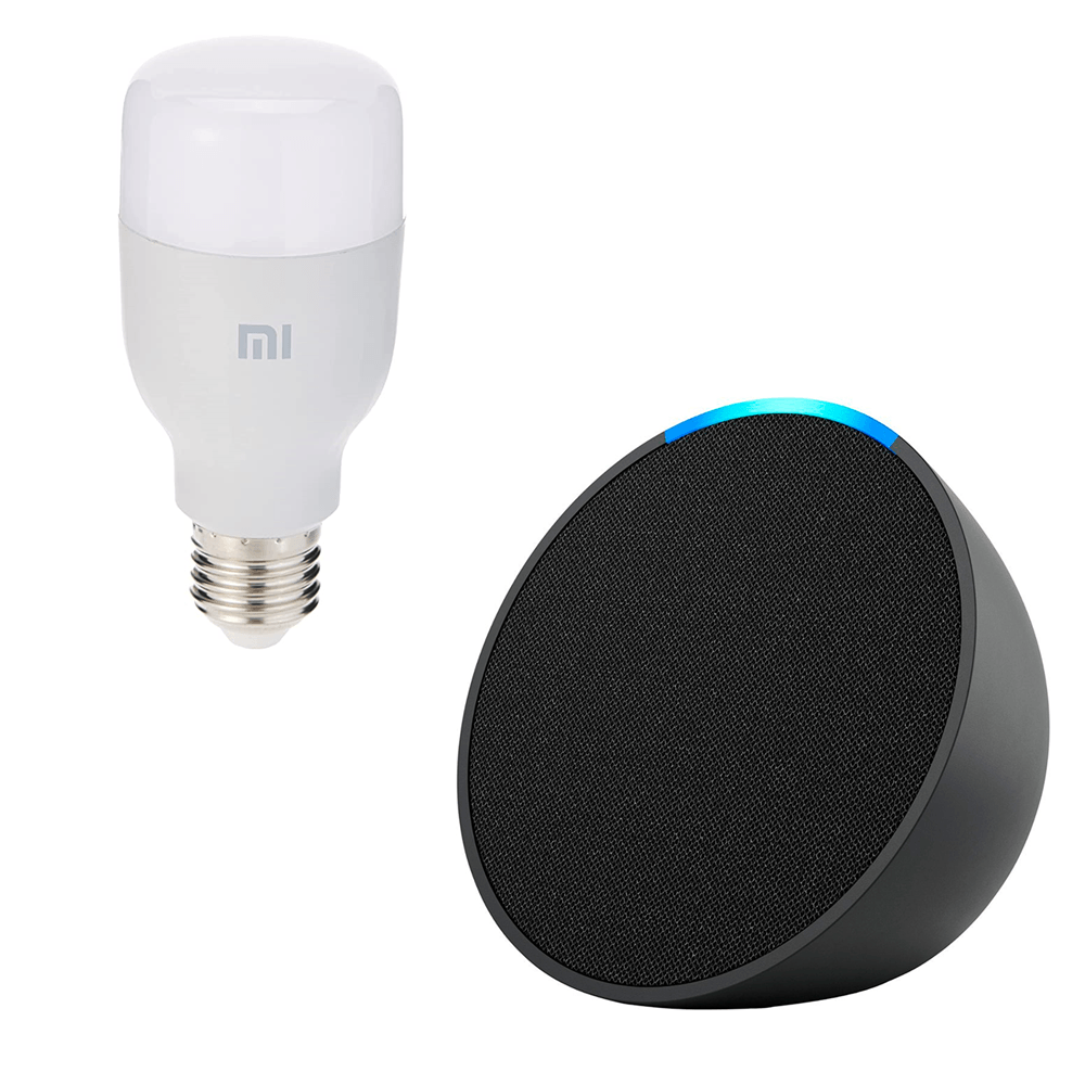 Parlante Inteligente Amazon Echo Pop Alexa Negro + Foco Xiaomi Samart Bulb