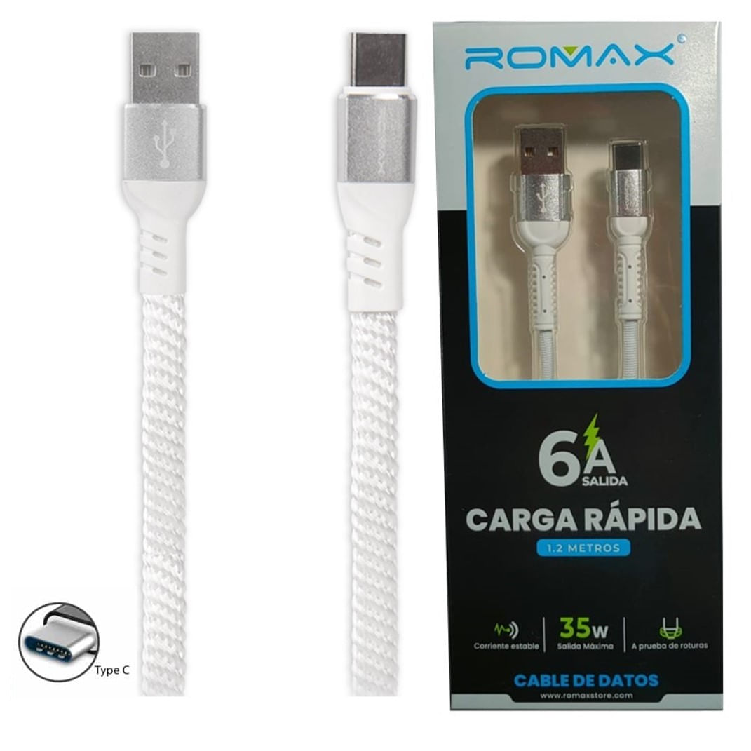Cable Cargador Tipo C Romax para Carga Rapida de 6A Blanco