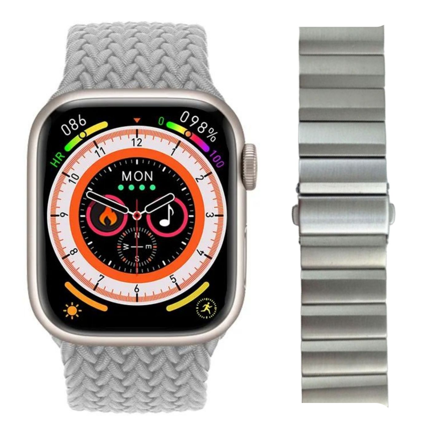 Combo Smart Watch Hk9 Pro Gris Y Correa Acero Luxury Plata
