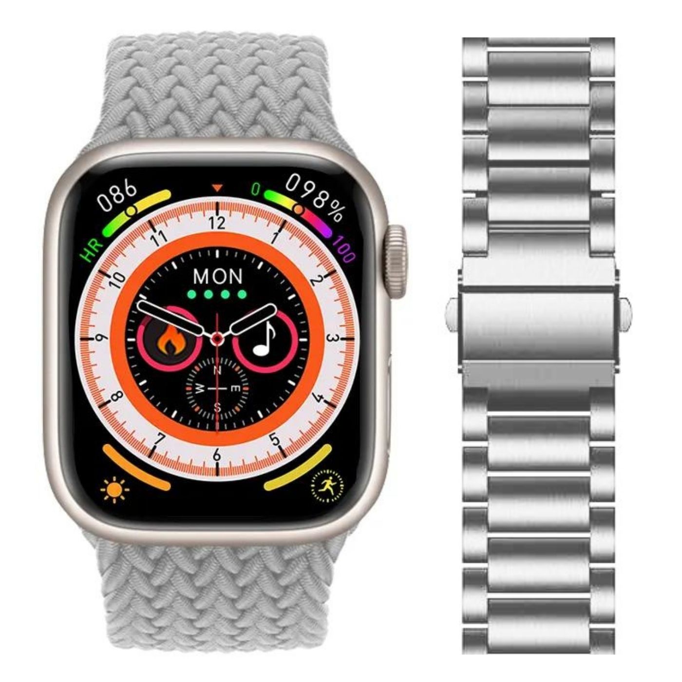 Combo Smart Watch Hk9 Pro Gris Y Correa Acero Eslabones Color Plata