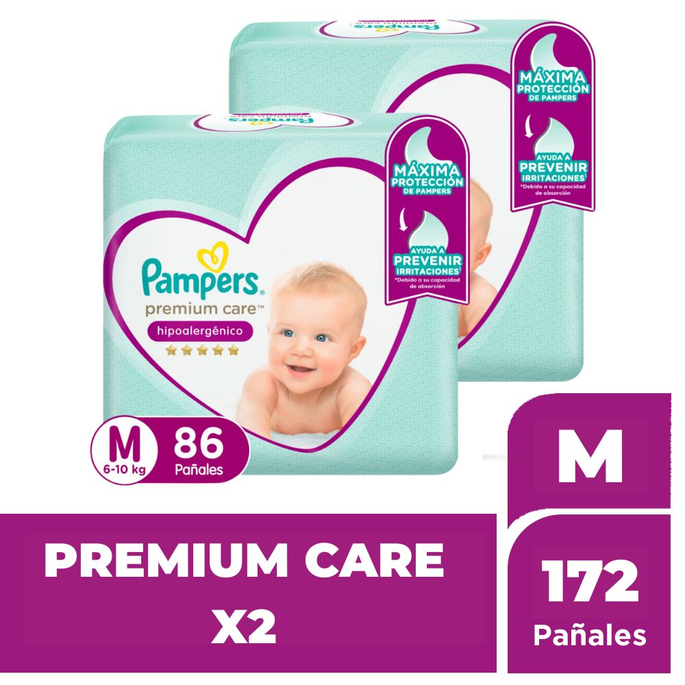 Pack PAMPERS Pañales Premium Care Talla M Paquete 86un Pack 2un