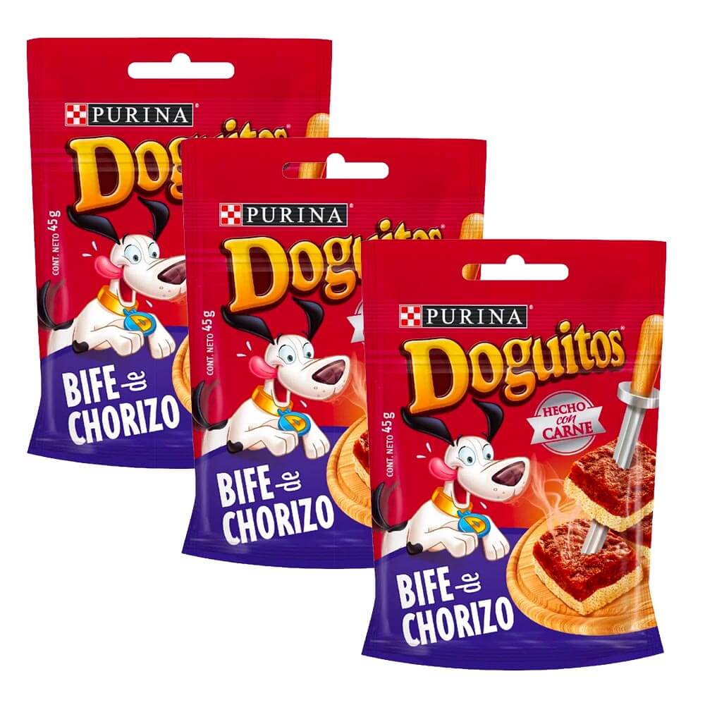 Pack Comida para perros DOGUITOS Galletas las brasas bife de chorizo Bolsa 45g x 3un