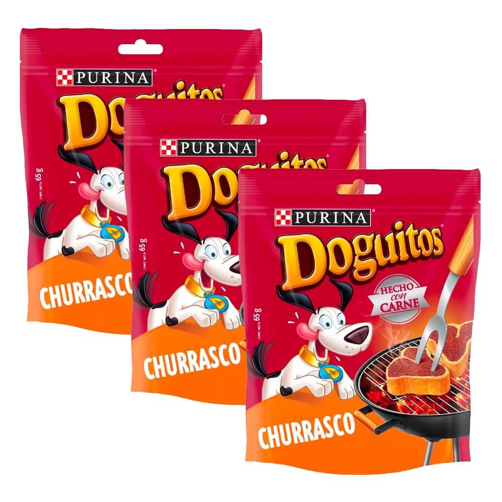 Pack Comida para perros DOGUITOS Galletas churrasco Doypack 65g x 3un