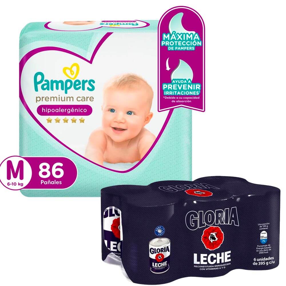 Pack Leche Reconstituida Entera GLORIA Lata 395g Paquete 6un + Pañales Bebé PAMPERS Premium Care Talla M 86un