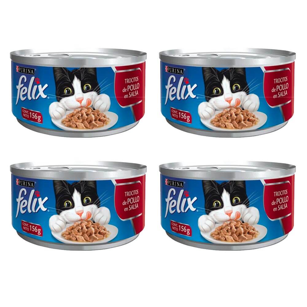 Pack Comida para Gatos FELIX Trocitos de Pollo en Salsa Lata 156g x 4un