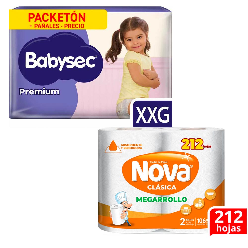 Pack Pañales Bebé BABYSEC Premium XXG Paquete 72un + Papel Toalla NOVA Clásico Mega Rollo Paquete 2un