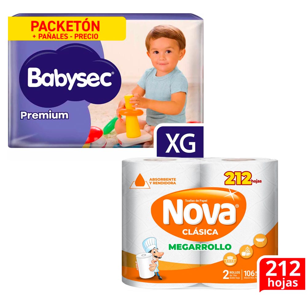 Pack Pañales Bebé BABYSEC Premium XG Paquete72un + Papel Toalla NOVA Clásico Mega Rollo Paquete 2un