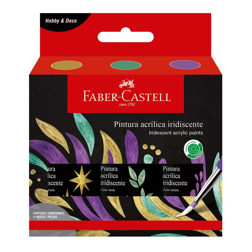 Pack Pinturas Acrílicas FABER CASTELL Iridiscentes Dorado/Verde/Violeta