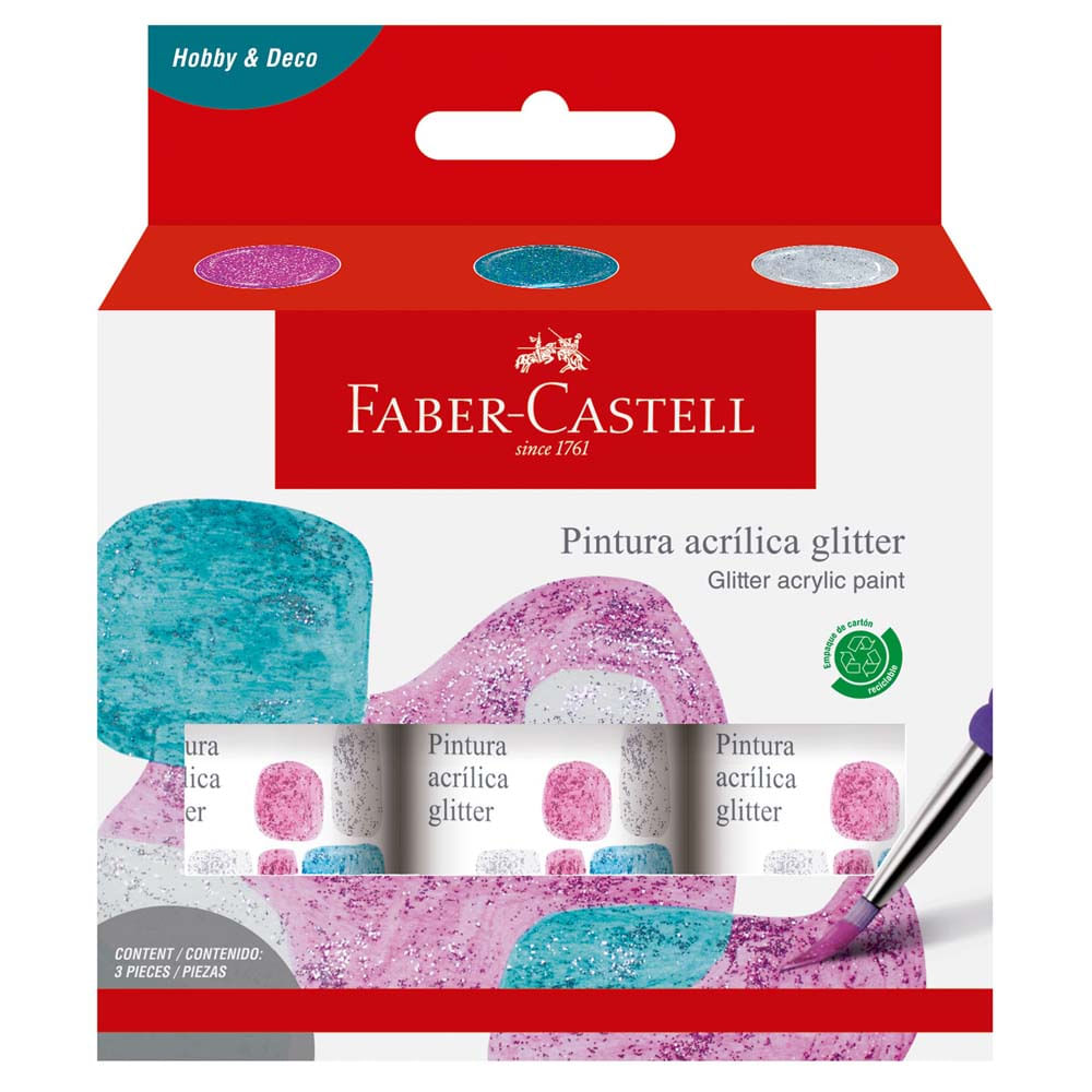 Pack Pinturas Acrílicas FABER CASTELL Glitter Rosado/Turquesa/Plateado