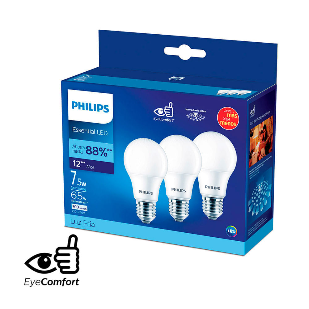 Foco LED pack x3 E27 7.5W Luz blanca