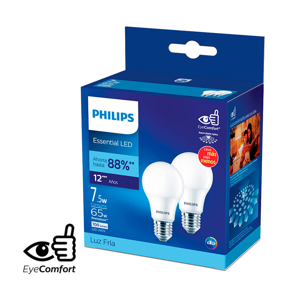 Foco LED pack x2 E27 7.5W Luz blanca