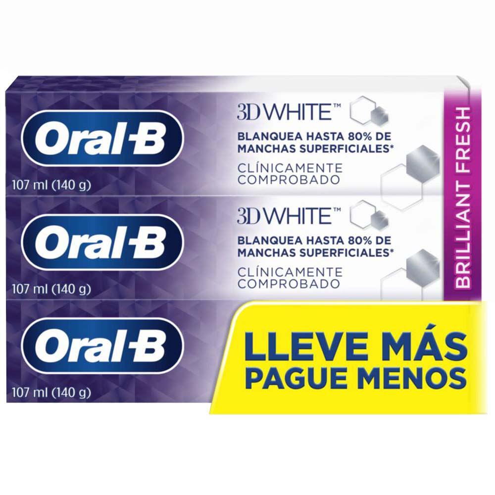 Pasta Dental Anticaries ORAL-B 3D White Brilliant Fresh con Flúor 107ml Paquete 3un