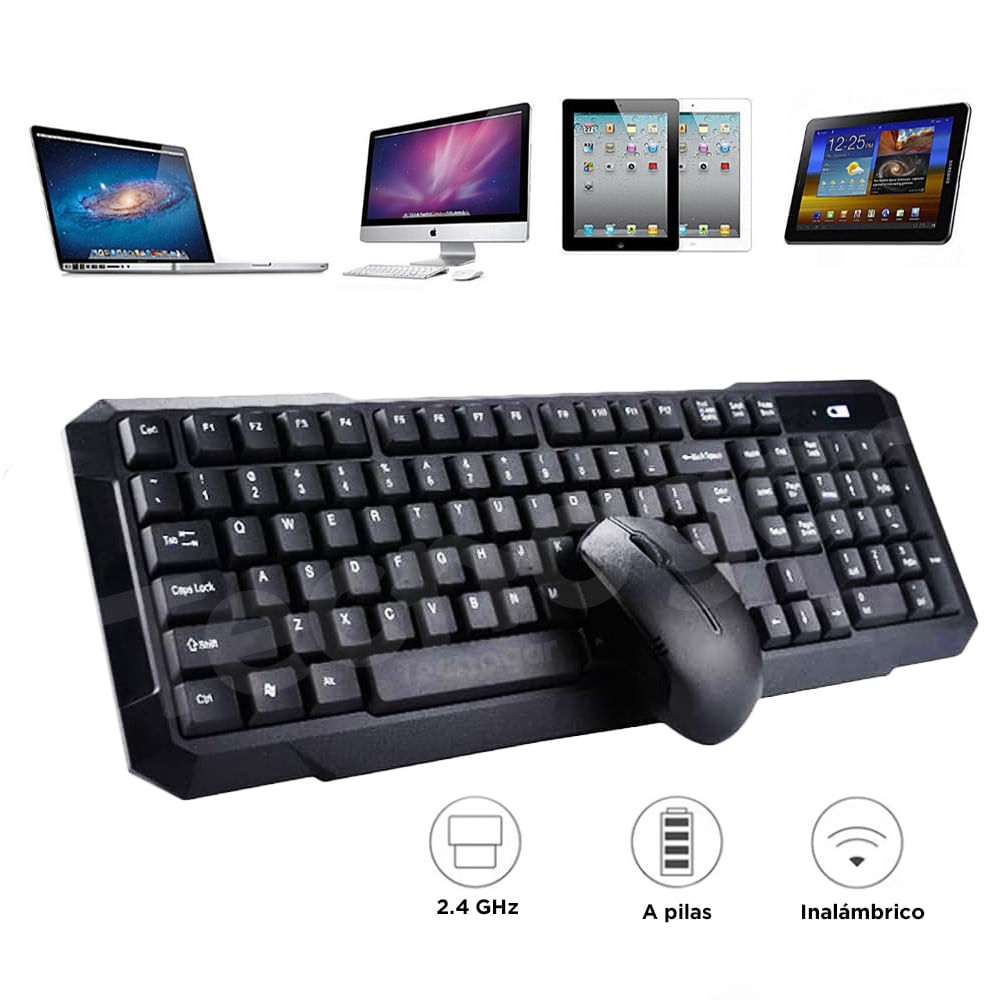 Teclado y Mouse Inalámbrico Negro USB 2.4 GHz para Windows y Macbook