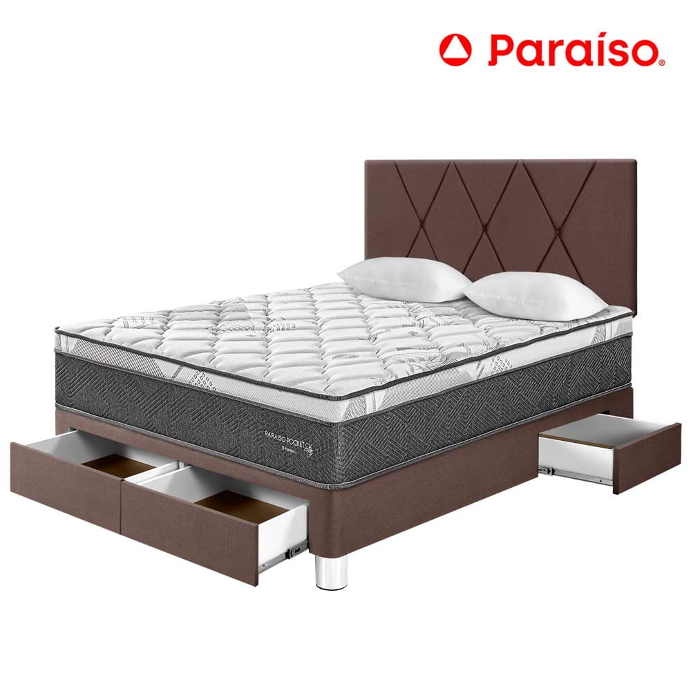 Dormitorio PARAISO Pocket Star C/Cajones 2 Plazas + Cabecera Loft Chocolate + 2 Almohadas + 1 Protector