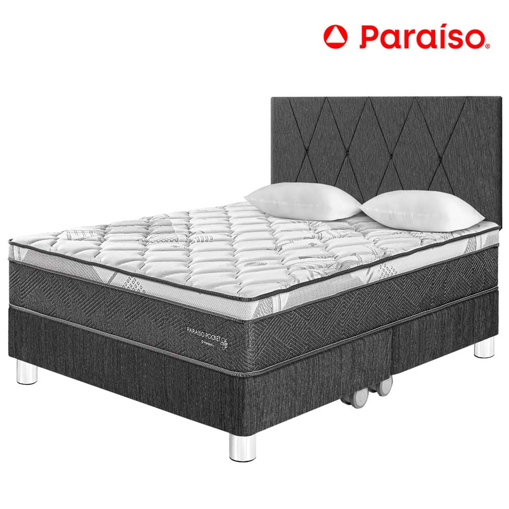 Dormitorio PARAISO Pocket Star Queen + Cabecera Loft Charcoal + 2 Almohadas + 1 Protector