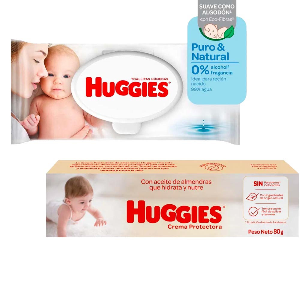 Pack HUGGIES Crema Protectora Almendras Caja 80g + Toallitas Húmedas para Bebé Recién Nacido Paquete 80un