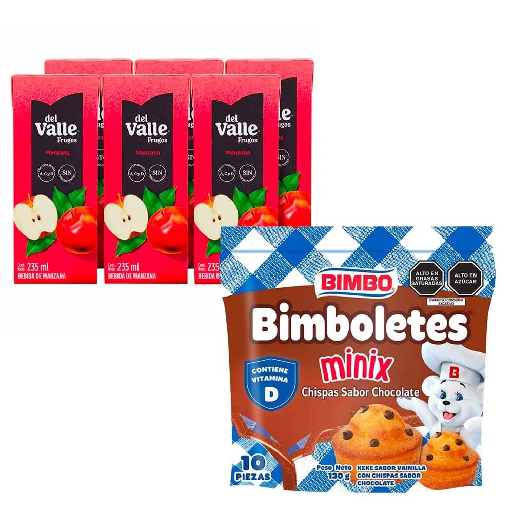 Pack Mini Bimboletes BIMBO con Chispas de Chocolate Bolsa 10un + Néctar FRUGOS Manzana Caja 235ml Paquete 6un