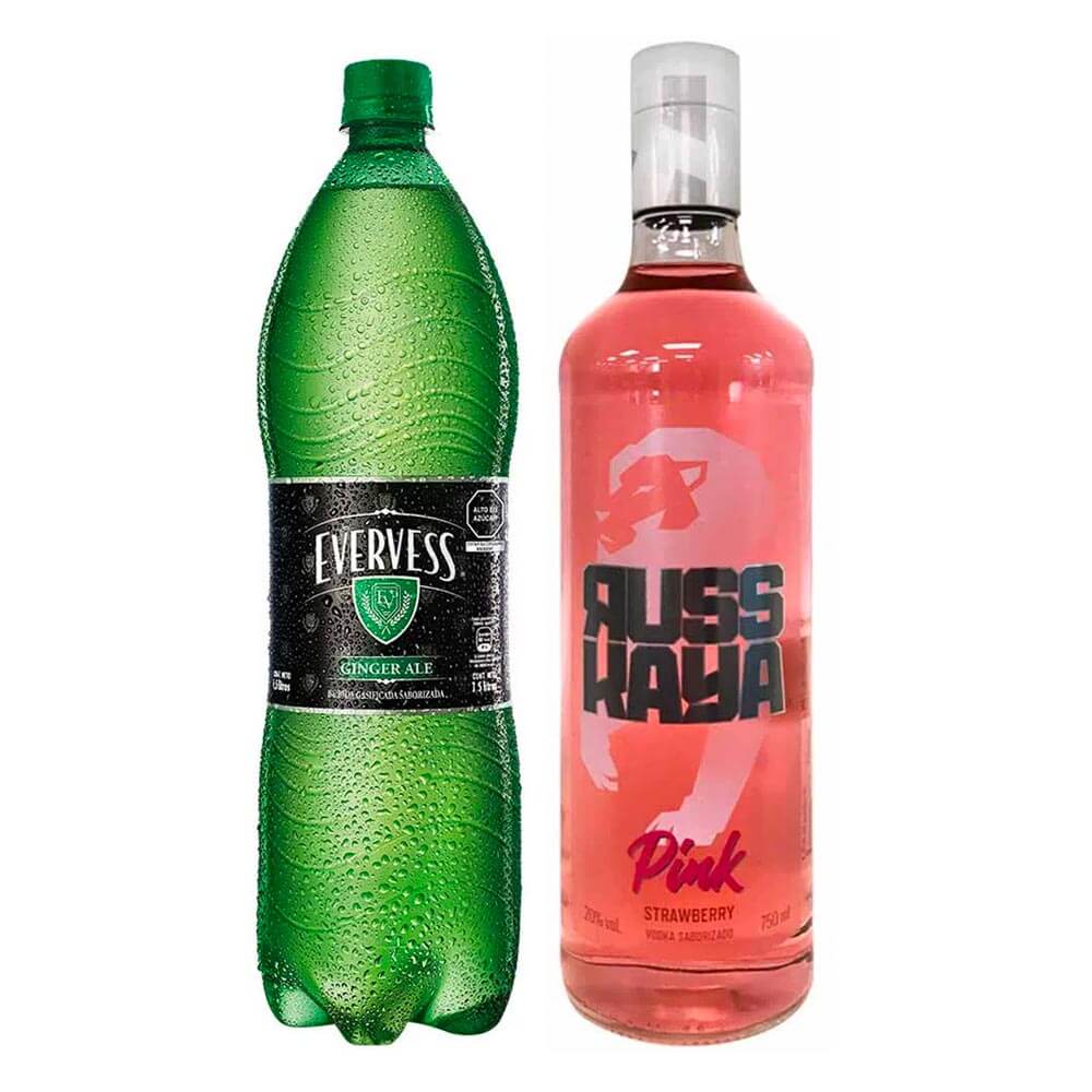 Pack Vodka RUSSKAYA Pink Botella 750ml + Gaseosa EVERVESS Ginger Ale Botella 1.5L