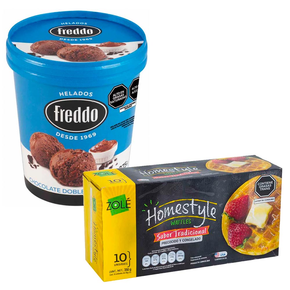 Pack Helado FREDDO Chocolate Doble Tentación Vaso 375g + Waffles ZOLE Tradicionales Paquete 350g
