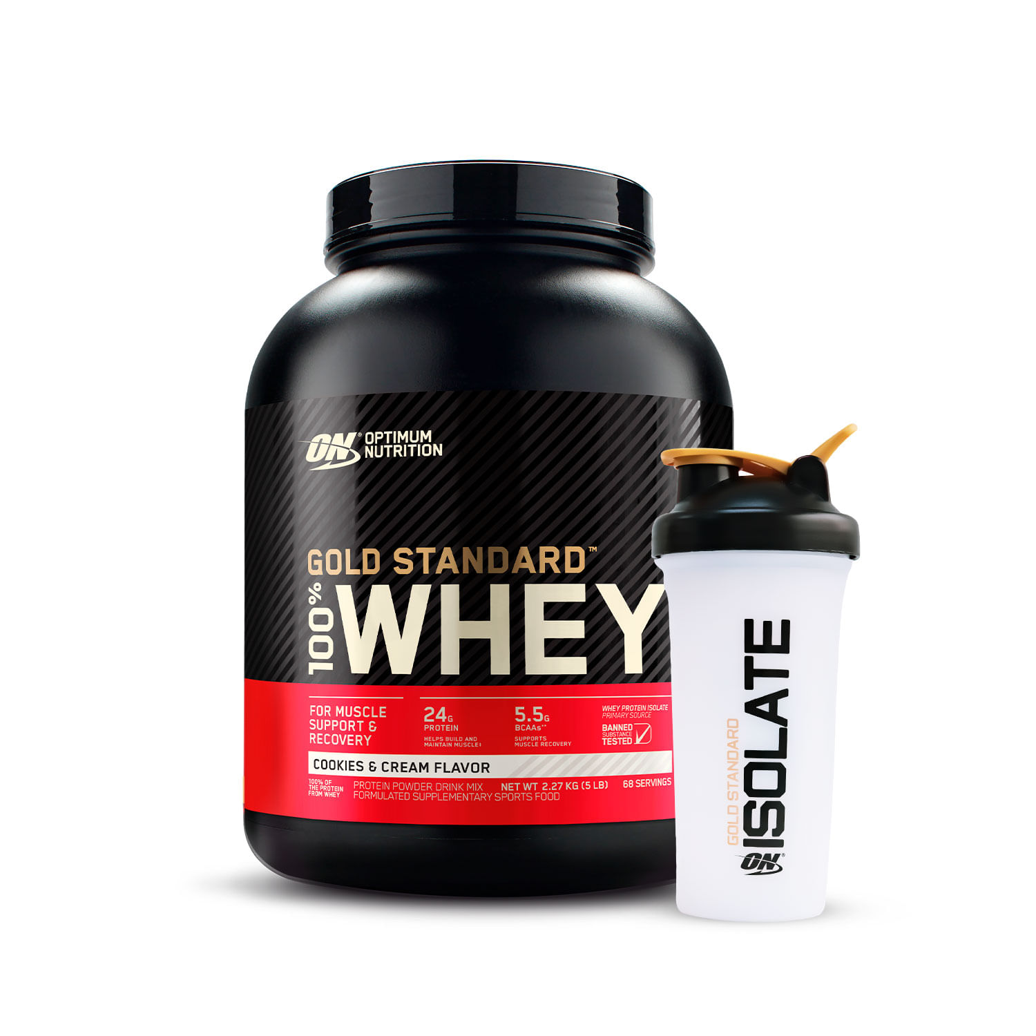 Proteina Gold Standard Whey Optimum Nutrition 5 LB Cookies and Cream con Shaker Gratis