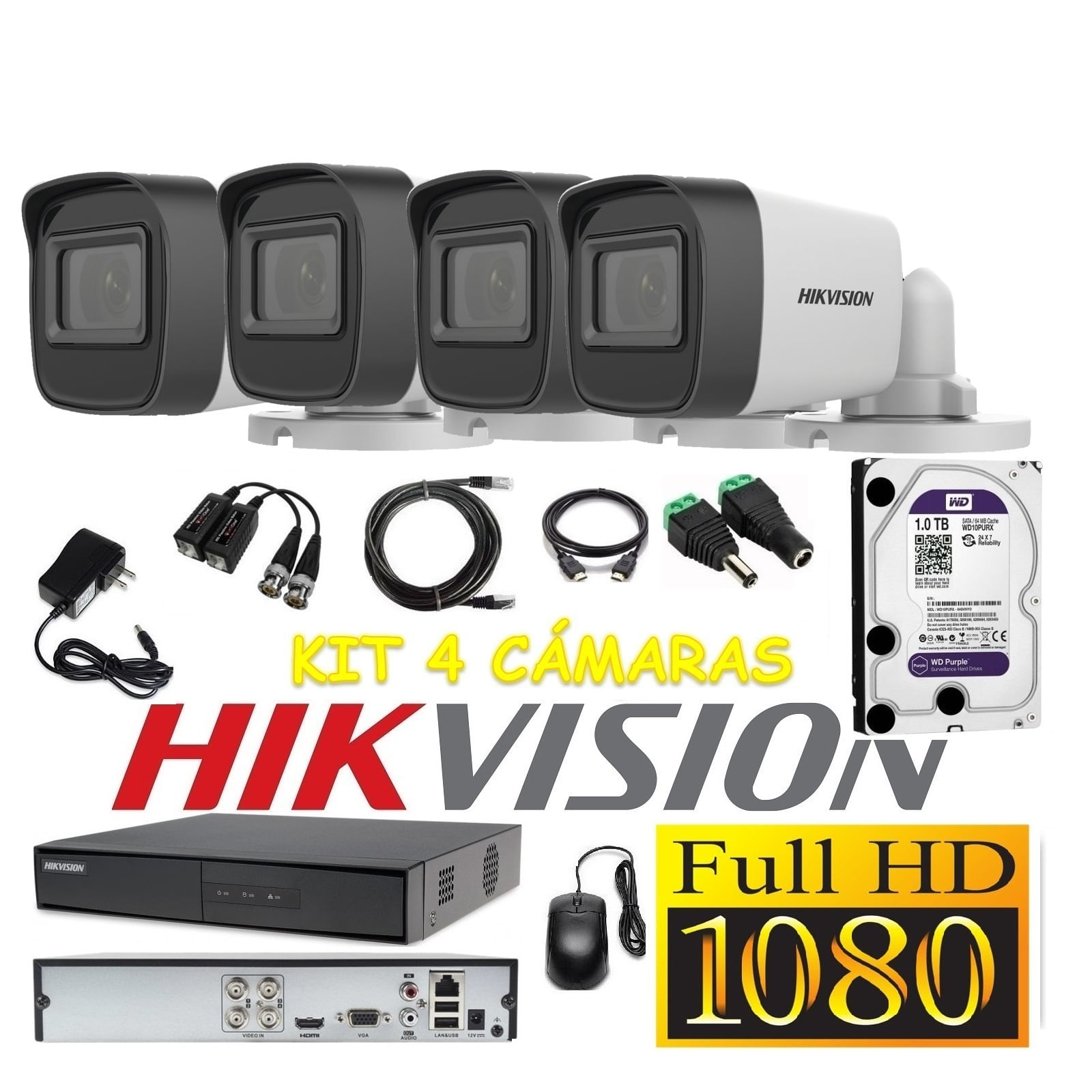 Cámaras Seguridad Kit 4 HIKVISION TUBO FULLHD Audio Incorporado 1Tb