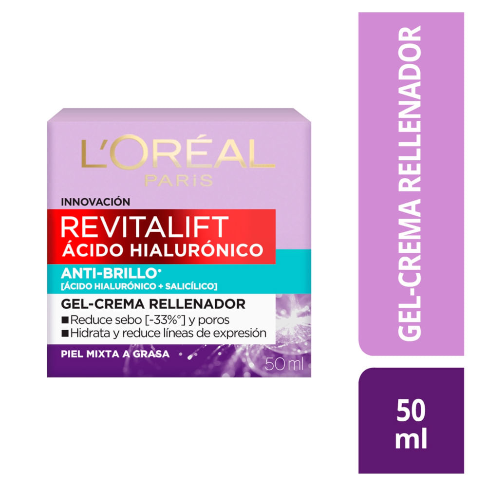 Crema Gel L'Oreal Paris Revitalift Ácido Hialurónico y Ácido Salicílico - Pote 50 ML