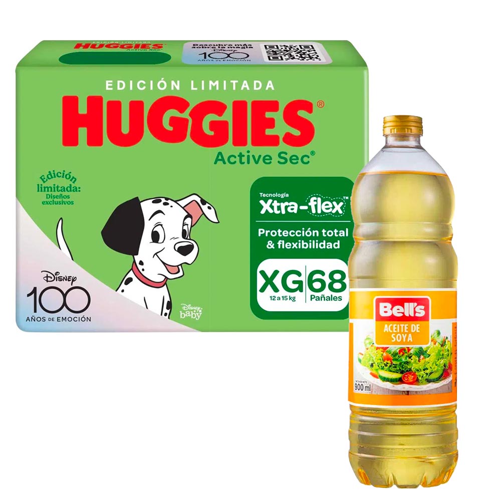 Pack Pañales para Bebé HUGGIES Active Sec Big Pack XG Paquete 68un + Aceite de Soya BELL'S Botella 900ml